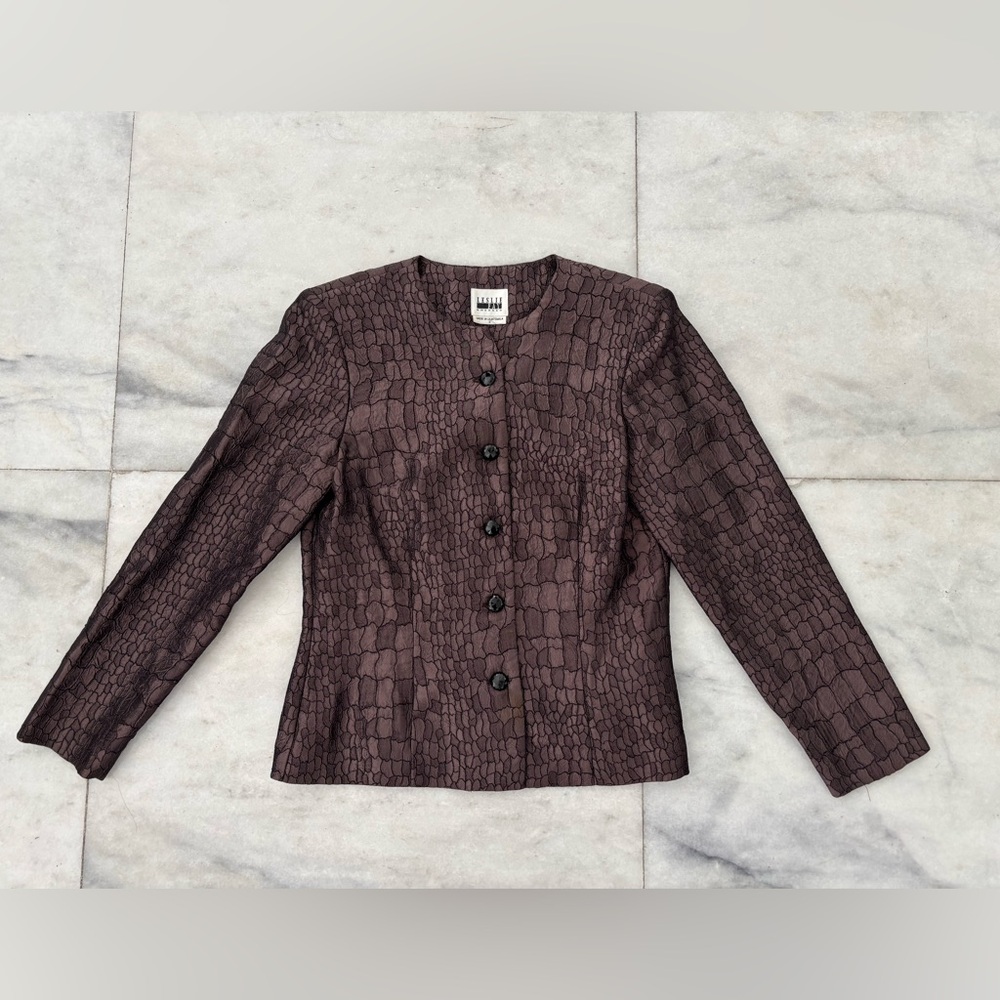 Vintage Leslie Fay Blazer Bronze Satin Embossed Jacket Women 8 Formal Office 90s